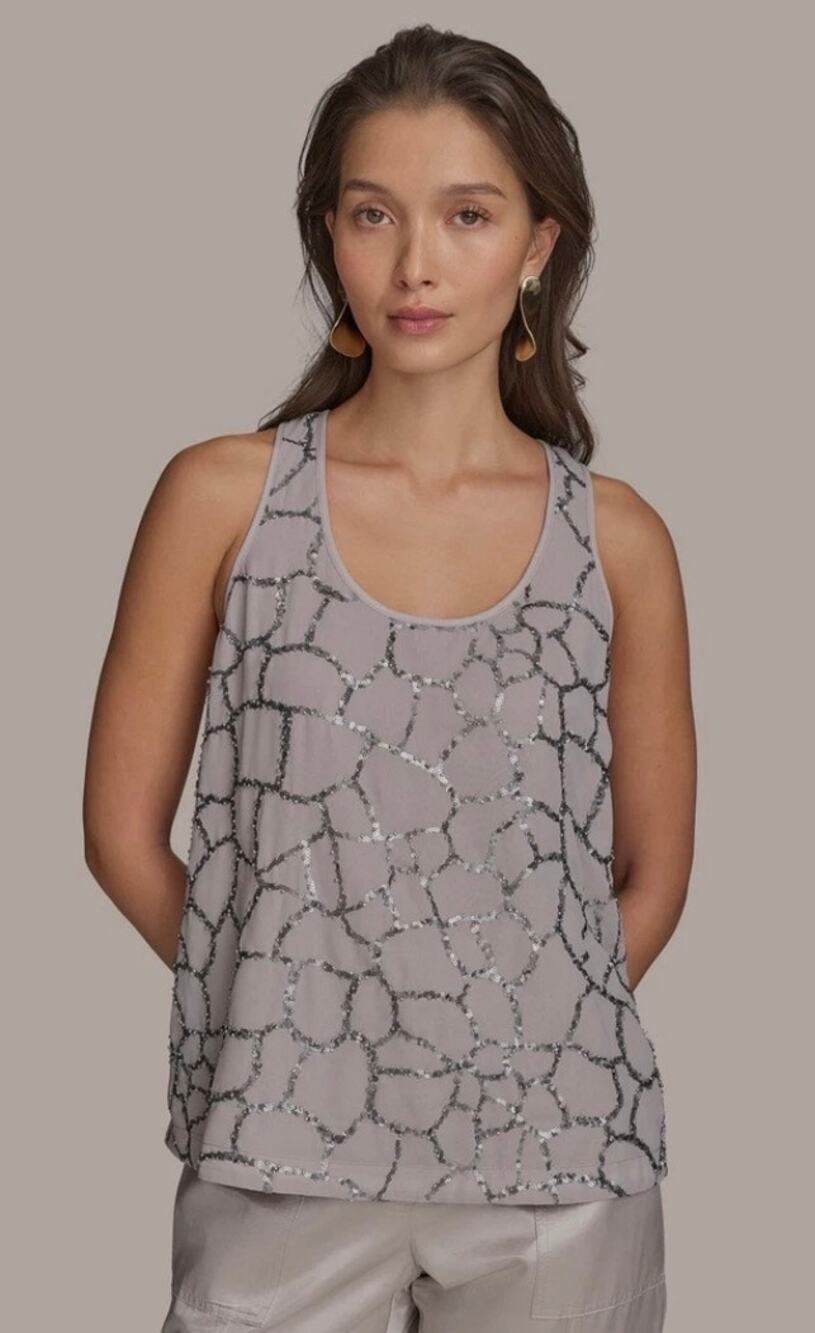 NWT Donna Karan New York Grey Sequin Embellished Scoop Neck Tank Top Womens S